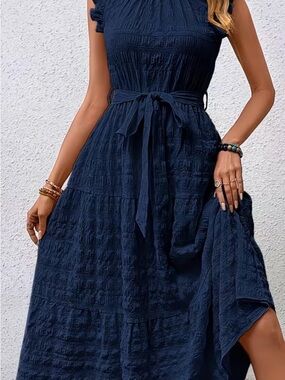 Navy Blue Ruffle-Sleeve Maxi Dress with Self Tie Waist